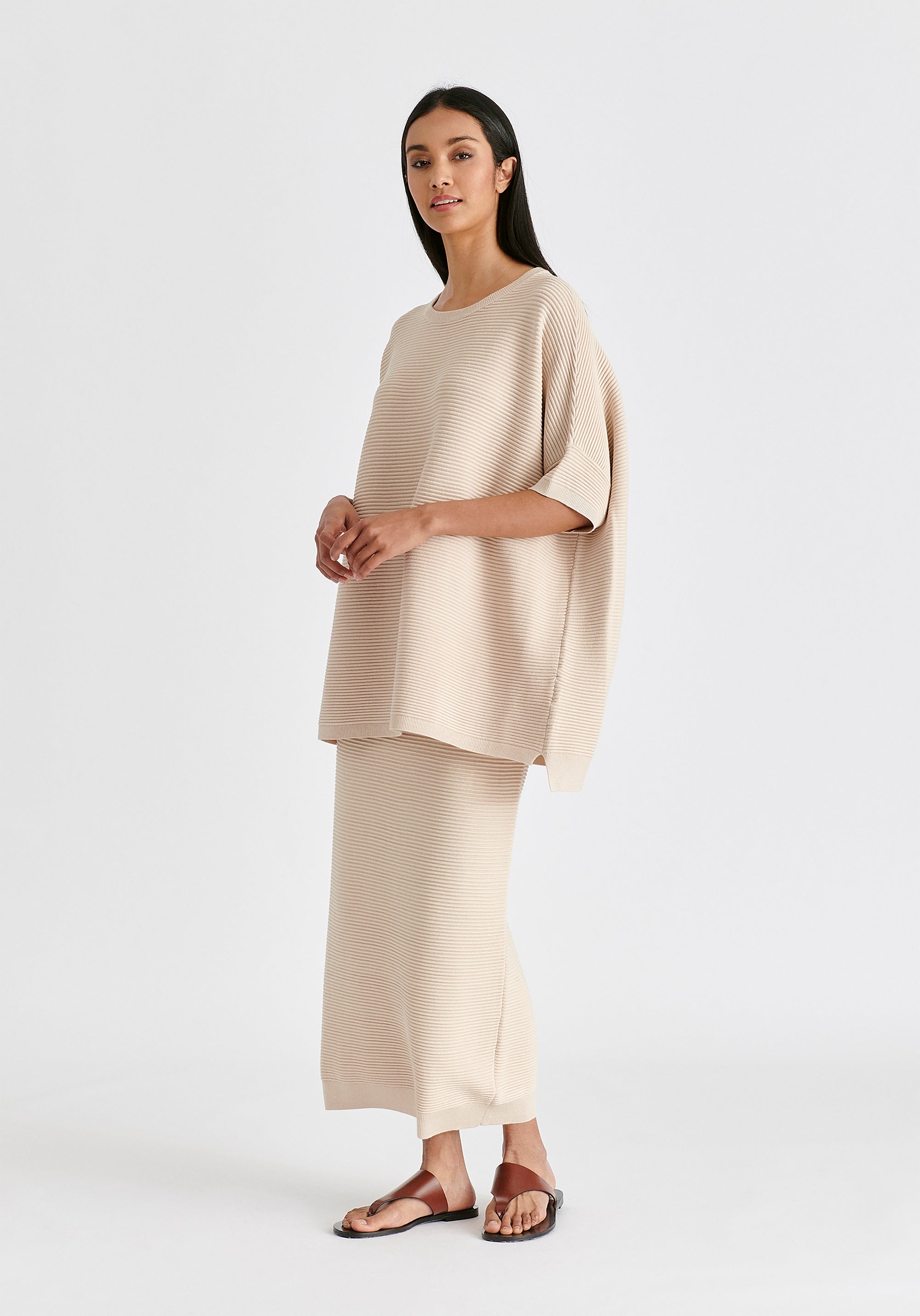 Paisie Short Sleeve Ribbed Jumper In Beige Side