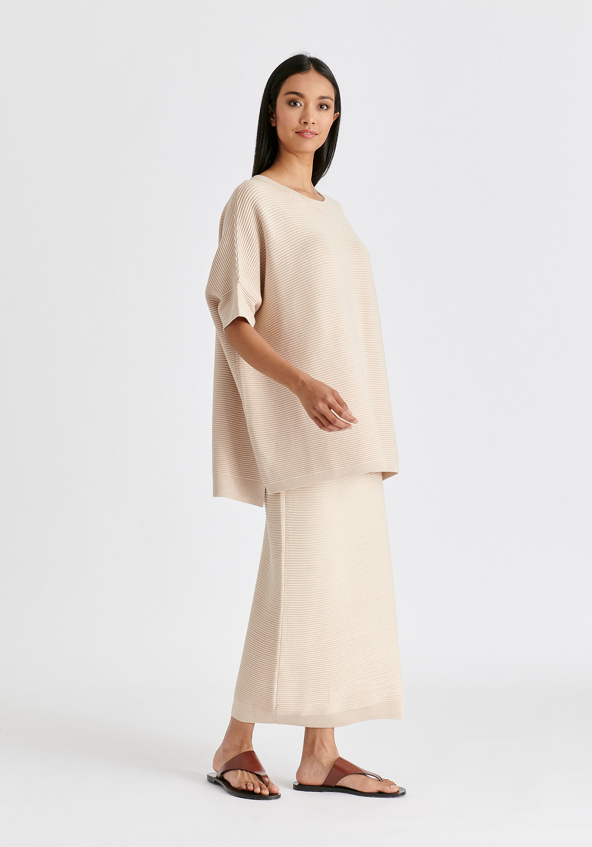 Paisie Short Sleeve Ribbed Jumper In Beige Side