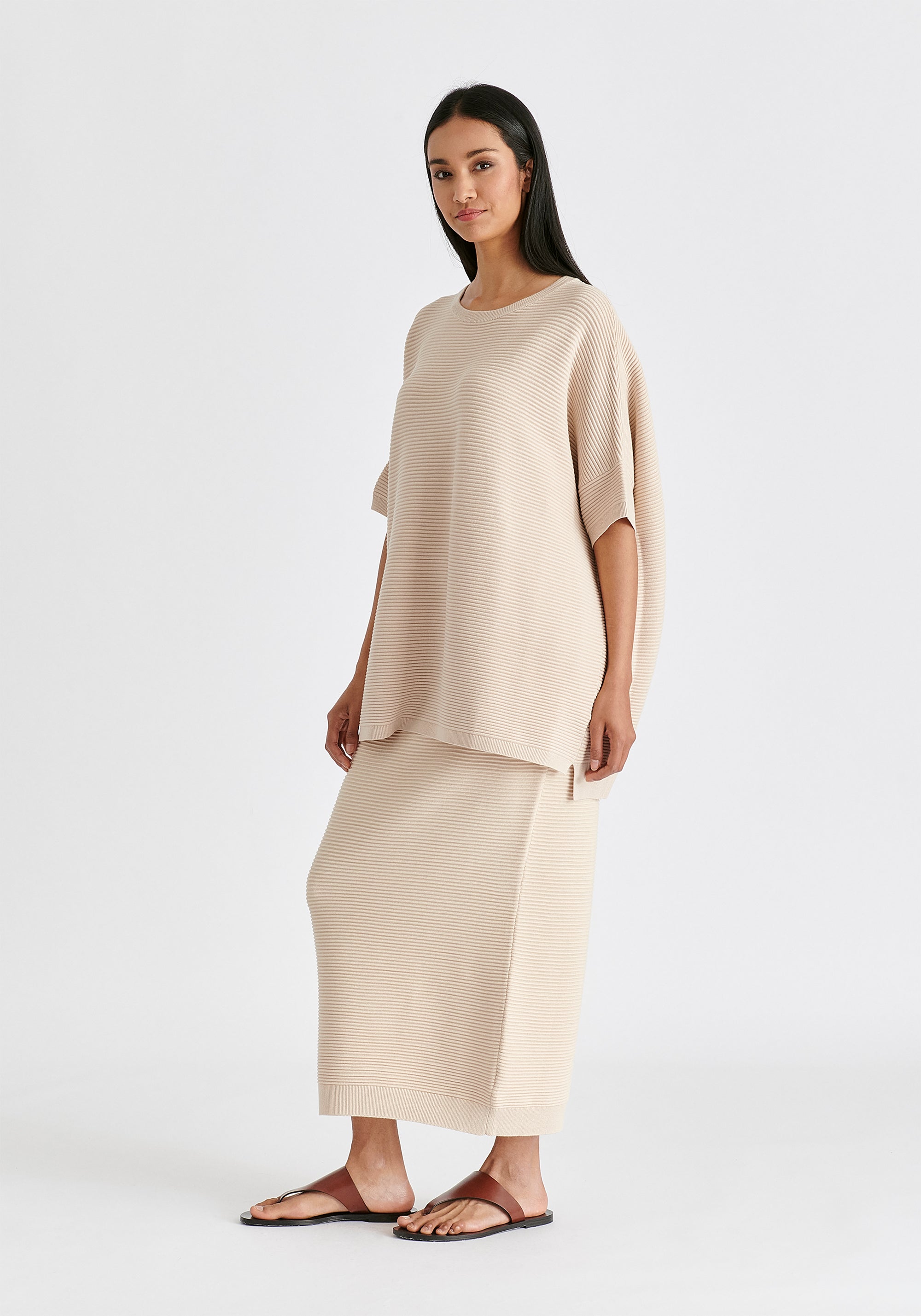 Paisie Short Sleeve Ribbed Jumper In Beige Side