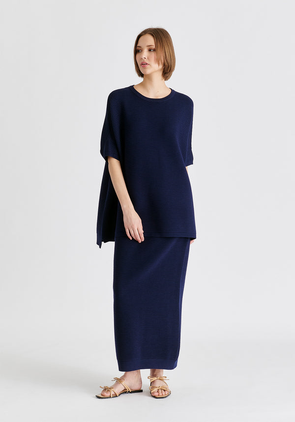 Paisie Short Sleeve Ribbed Jumper In Navy Front