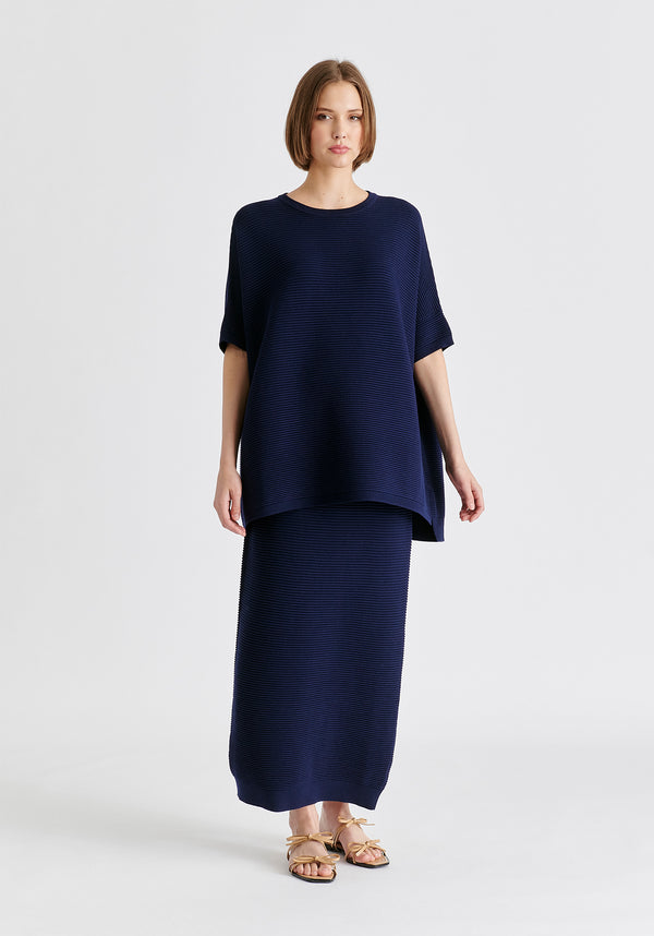 Paisie Short Sleeve Ribbed Jumper In Navy Front