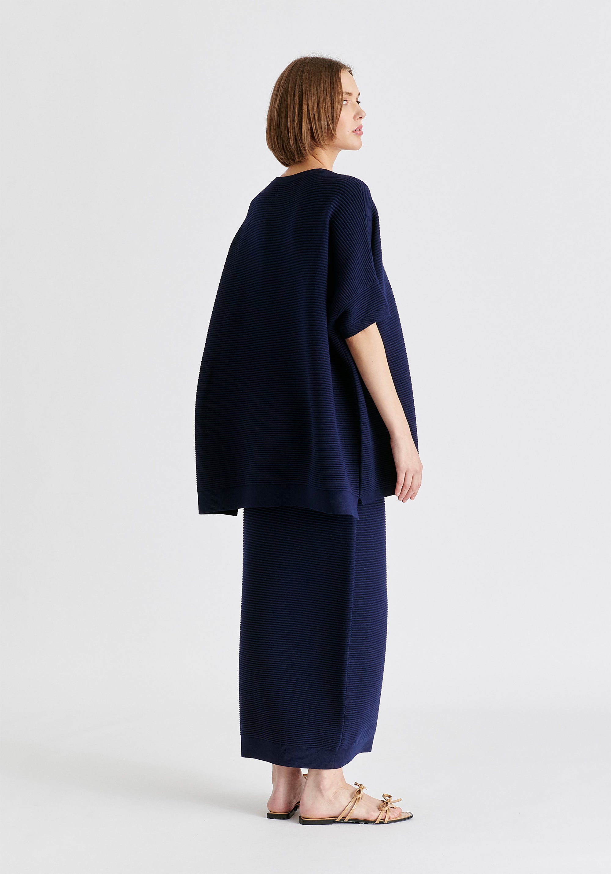 Paisie Short Sleeve Ribbed Jumper In Navy Back