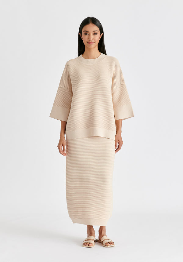 Mock Neck Cropped Sleeve Ribbed Jumper In Beige Front