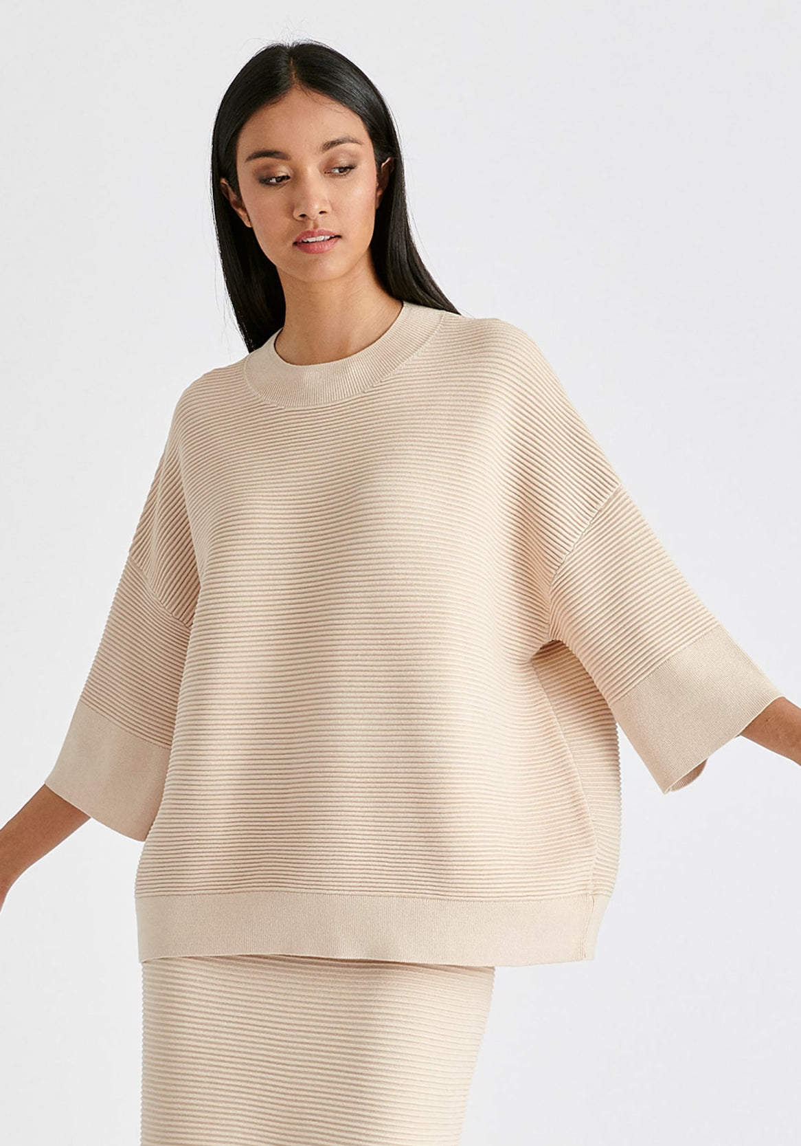 Mock Neck Cropped Sleeve Ribbed Jumper In Beige