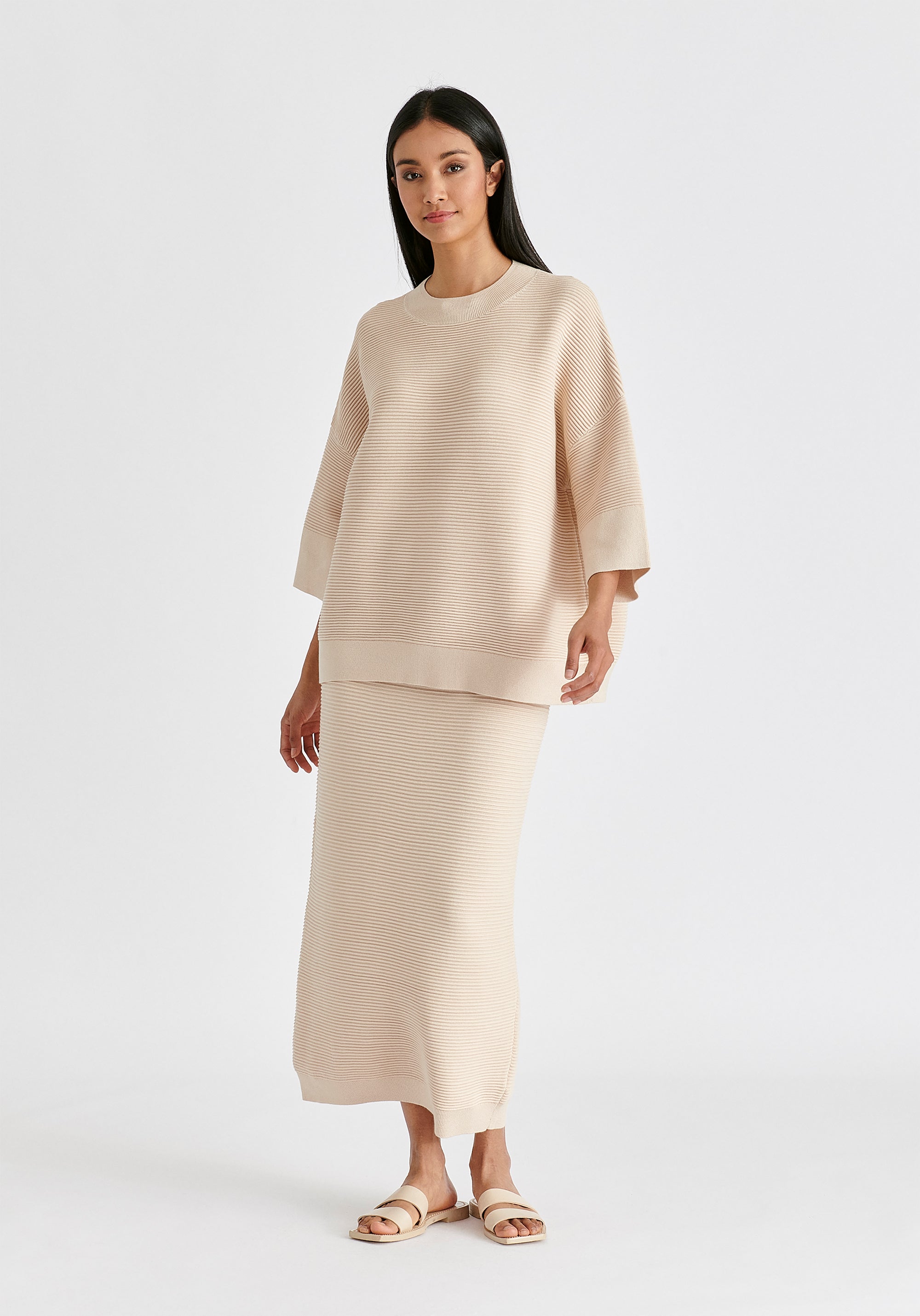 Mock Neck Cropped Sleeve Ribbed Jumper In Beige Side