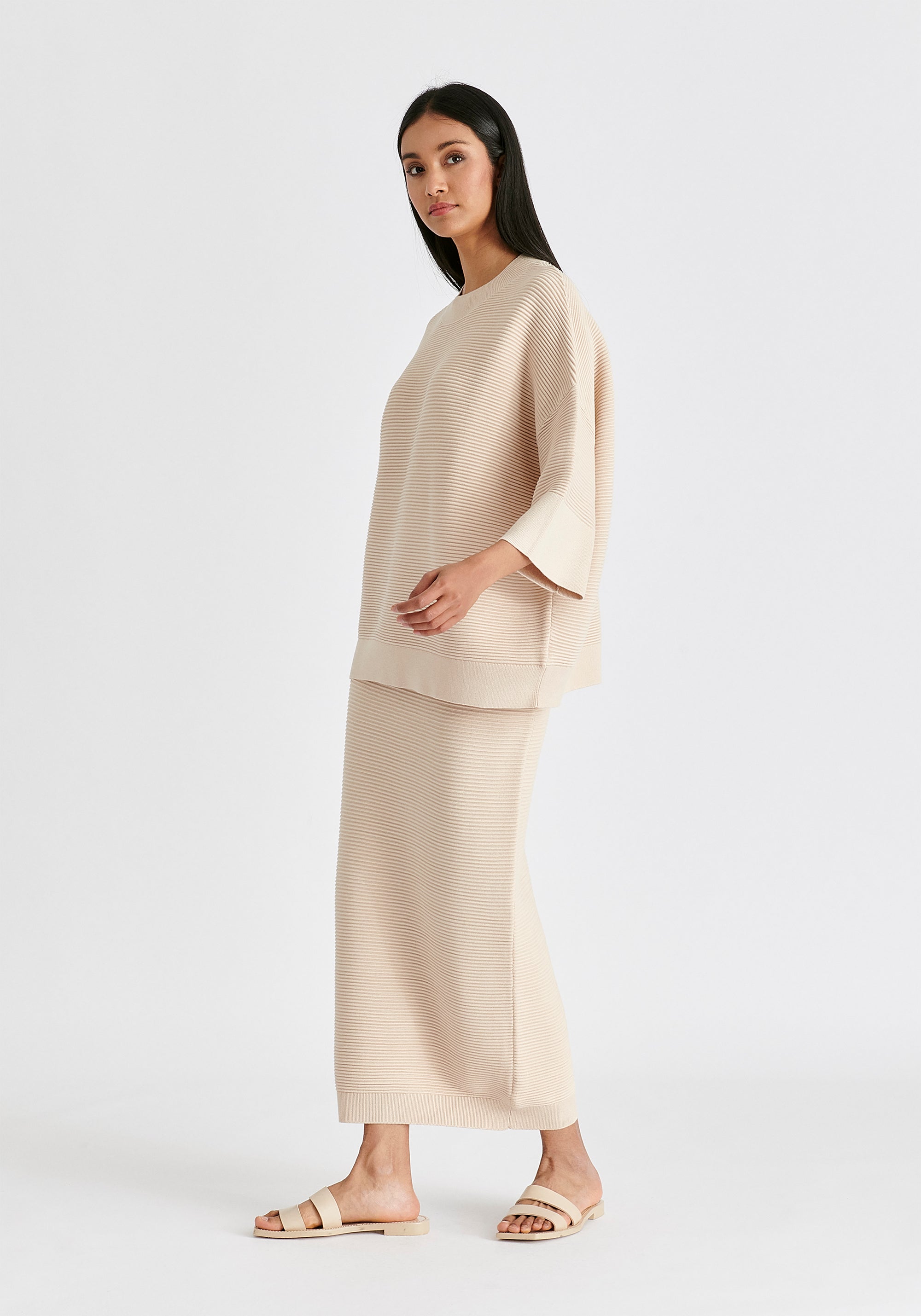 Mock Neck Cropped Sleeve Ribbed Jumper In Beige Side