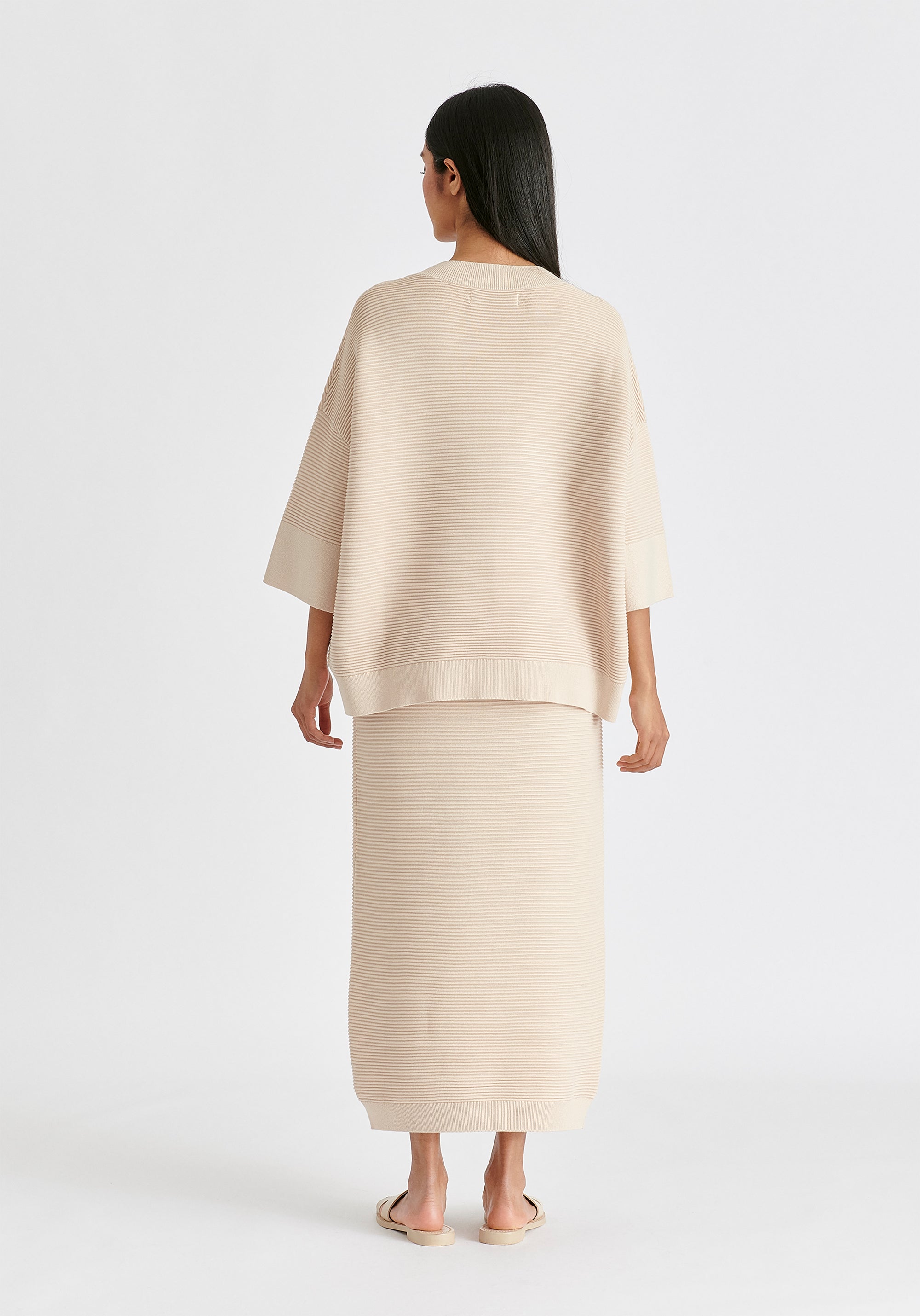 Mock Neck Cropped Sleeve Ribbed Jumper In Beige Back