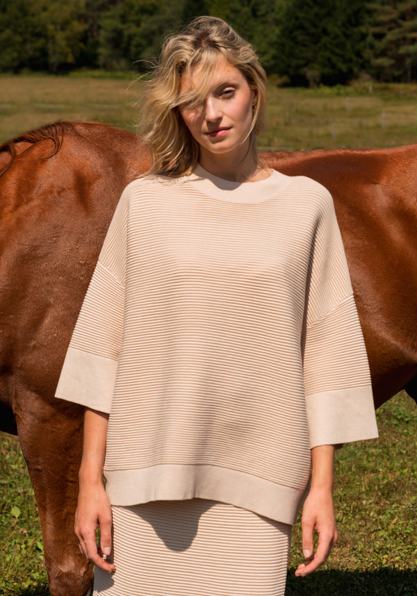 Mock Neck Cropped Sleeve Ribbed Jumper in Beige