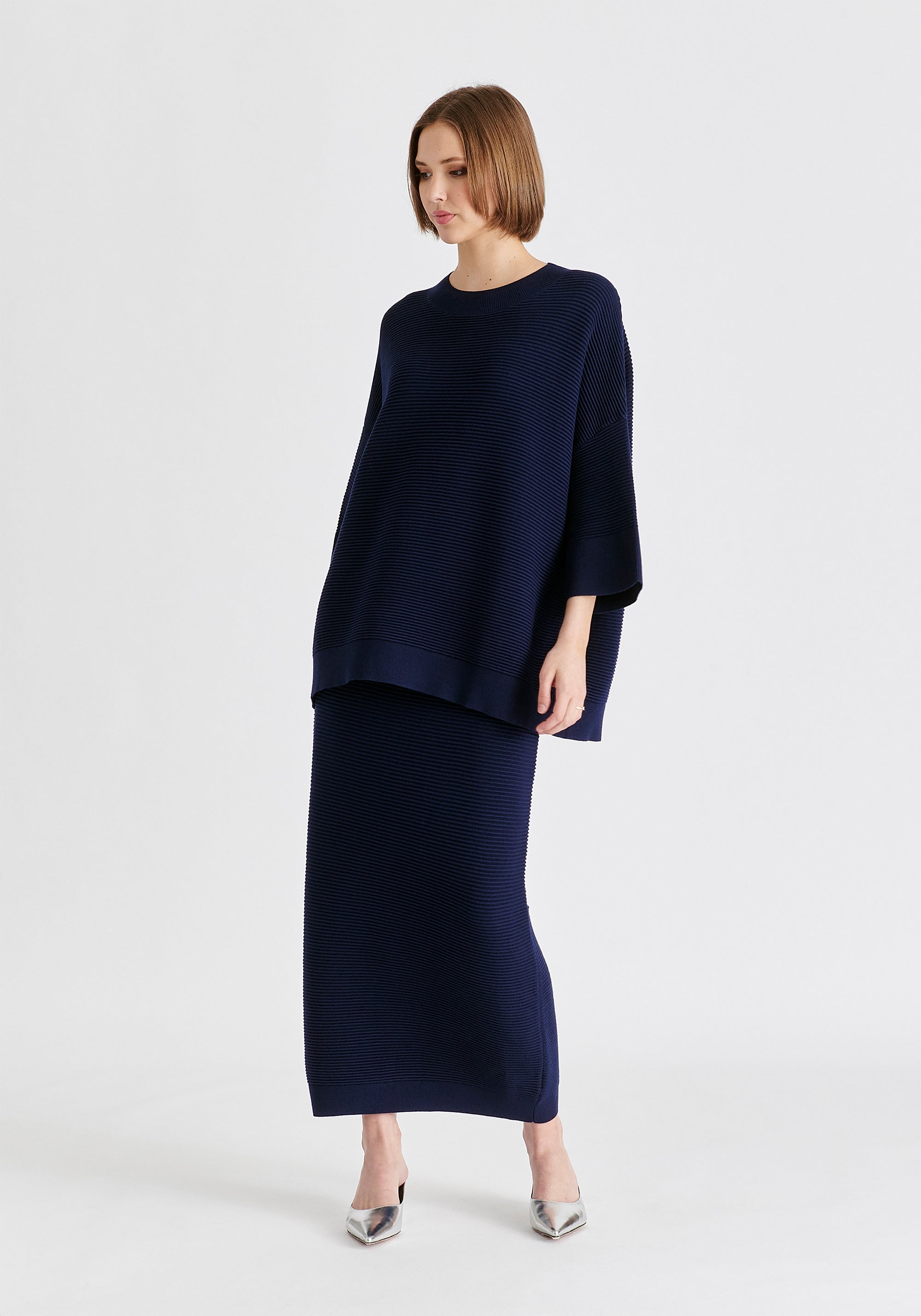 Mock Neck Cropped Sleeve Ribbed Jumper