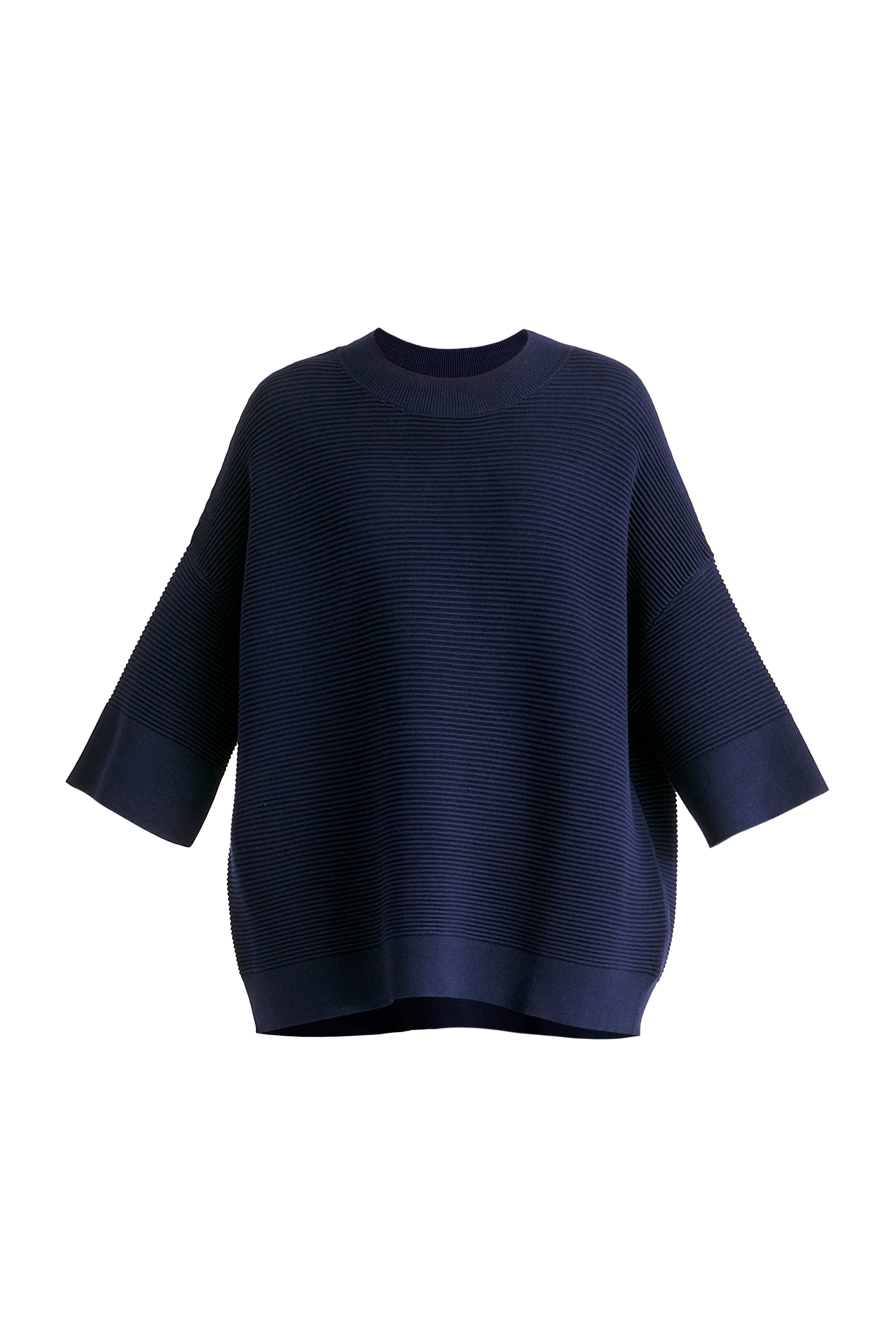 Mock Neck Cropped Sleeve Ribbed Jumper In Navy Cutout
