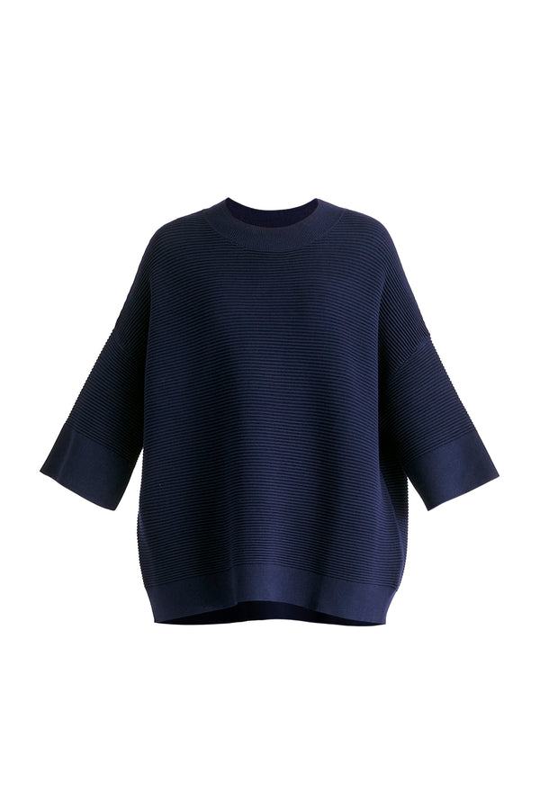 Mock Neck Cropped Sleeve Ribbed Jumper In Navy Cutout