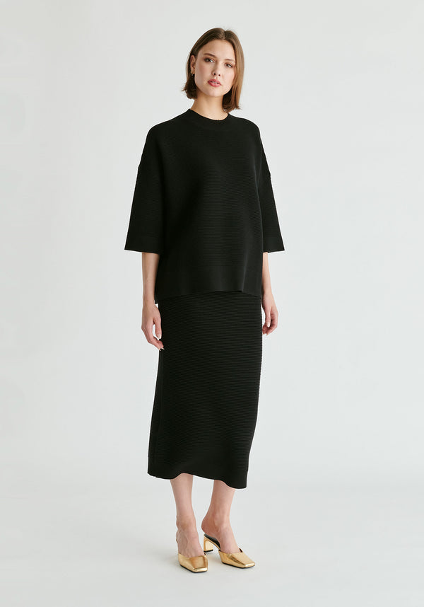 Mock Neck Cropped Sleeve Ribbed Jumper in Black Front