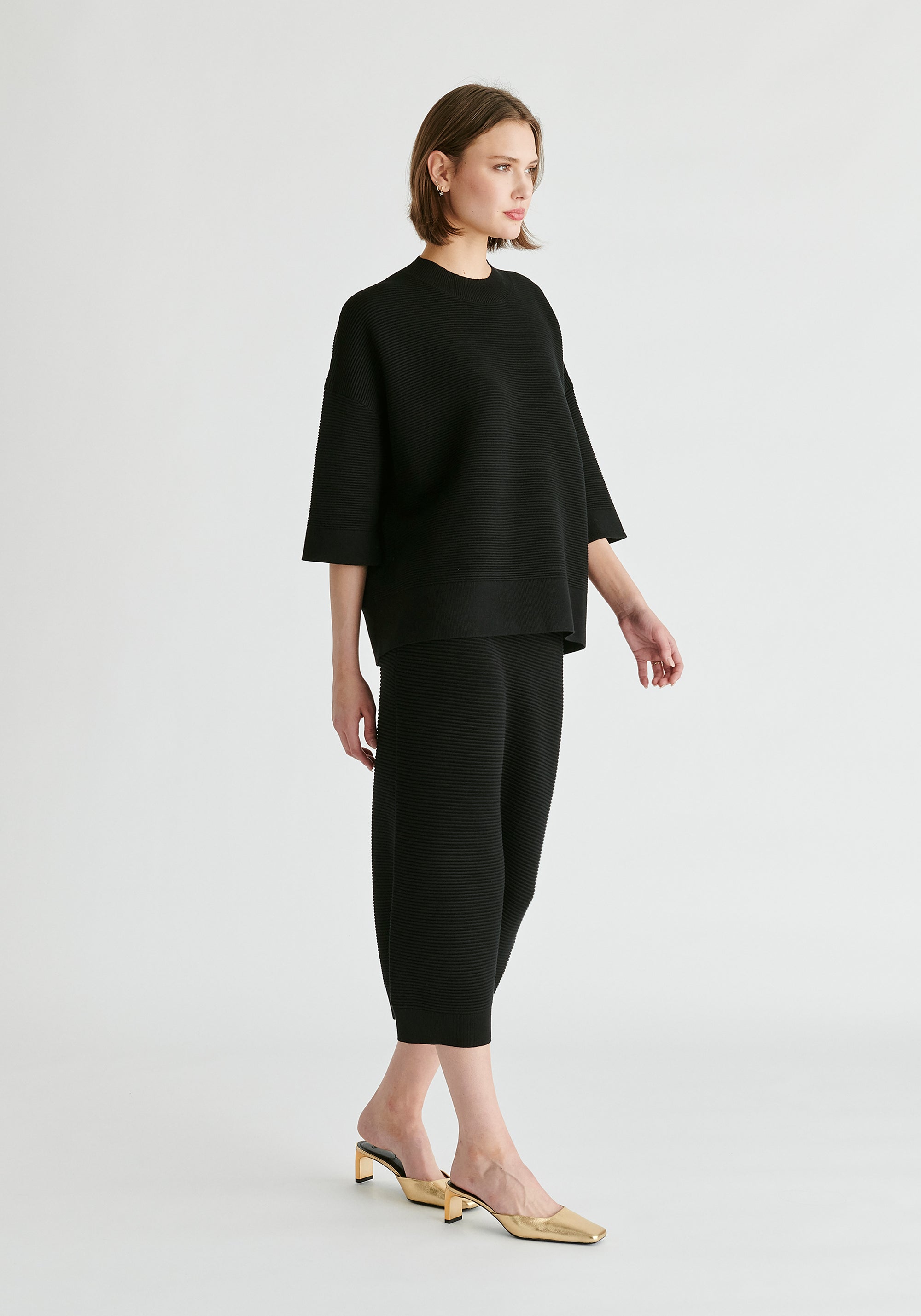 Mock Neck Cropped Sleeve Ribbed Jumper in Black Side