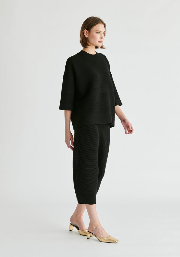 Mock Neck Cropped Sleeve Ribbed Jumper in Black Side