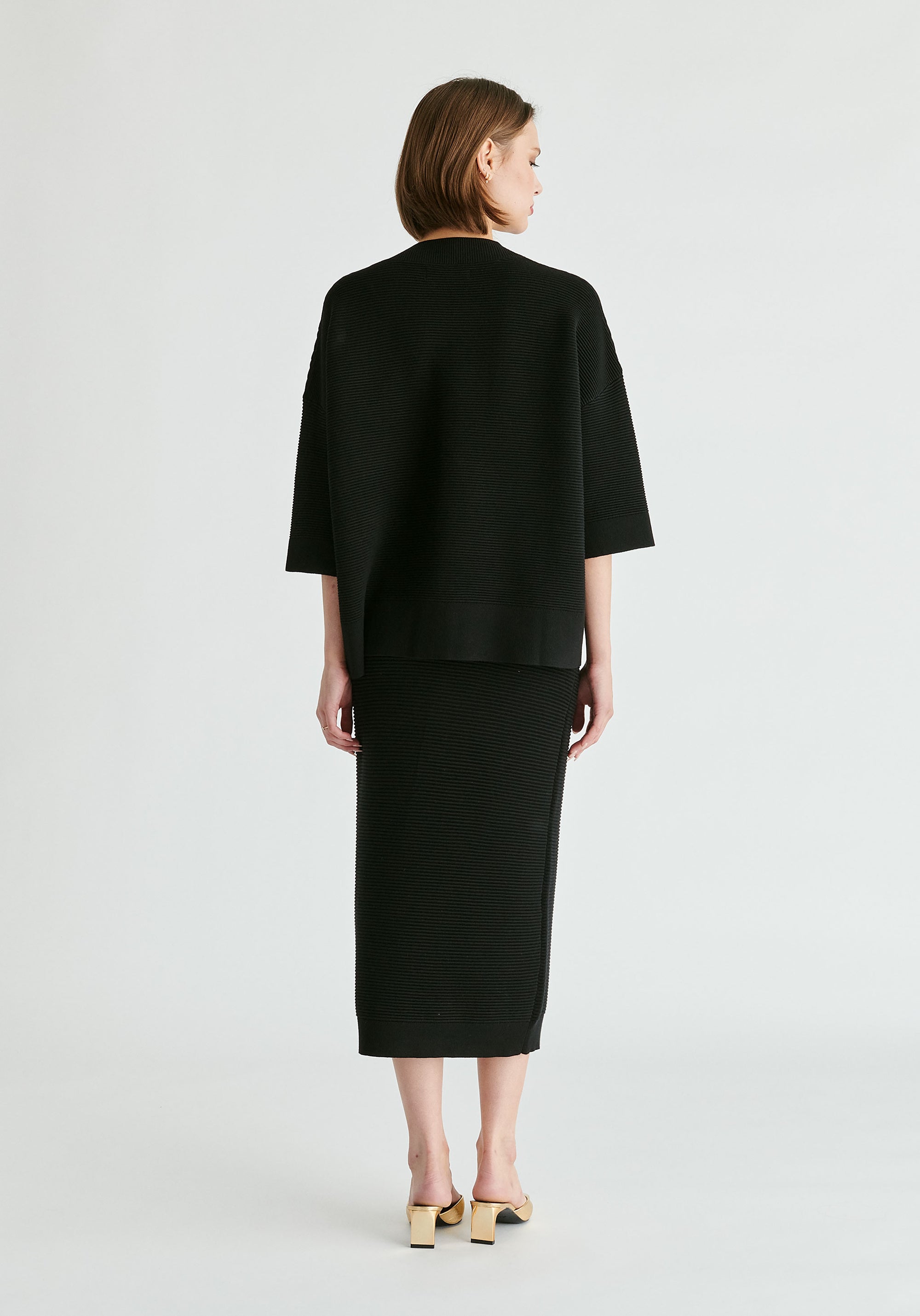 Mock Neck Cropped Sleeve Ribbed Jumper in Black Back