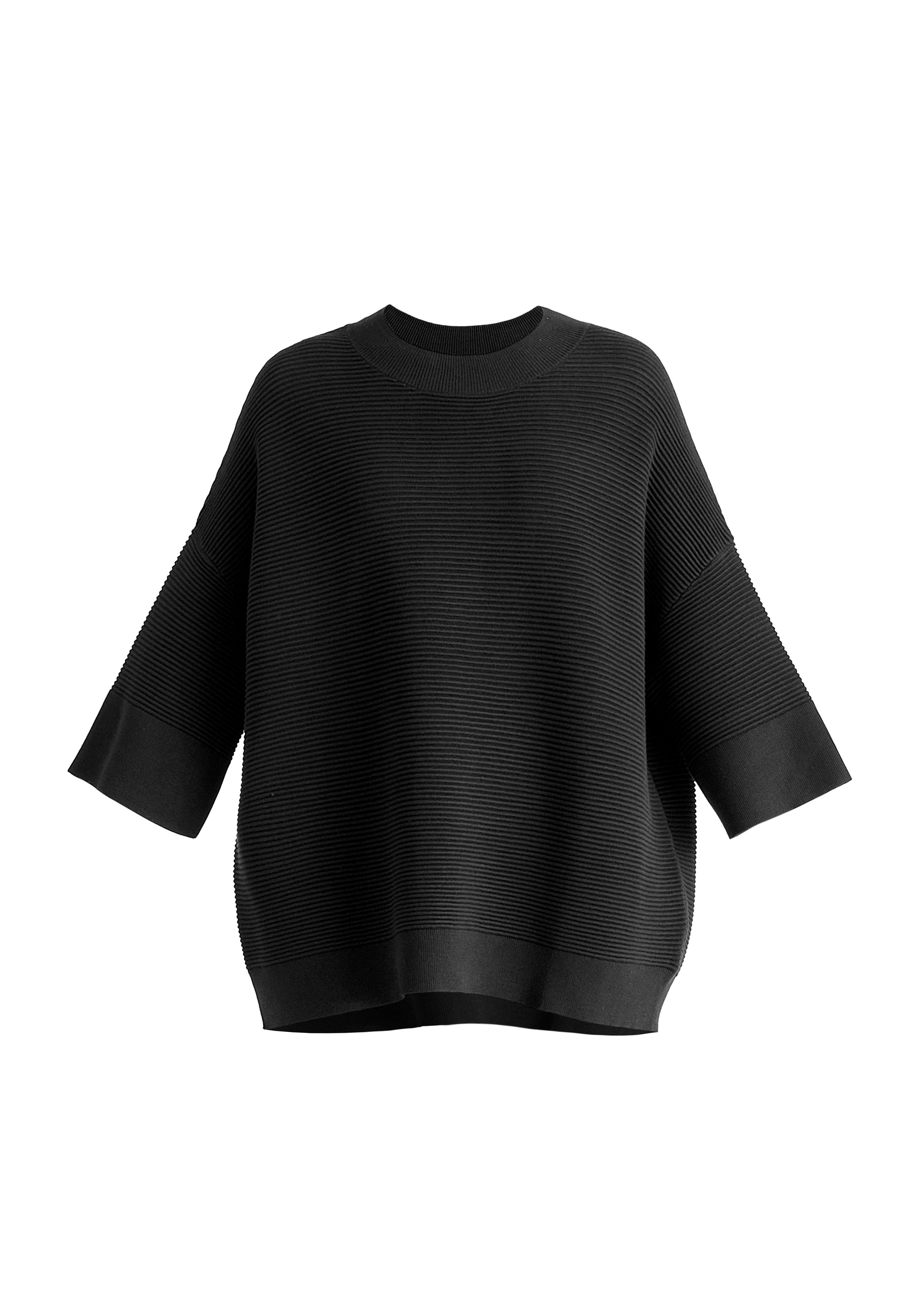 Mock Neck Cropped Sleeve Ribbed Jumper in Black Cutout