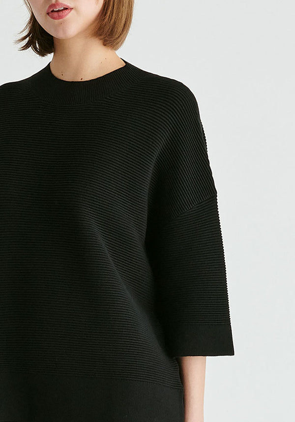 Mock Neck Cropped Sleeve Ribbed Jumper in Black Closeup