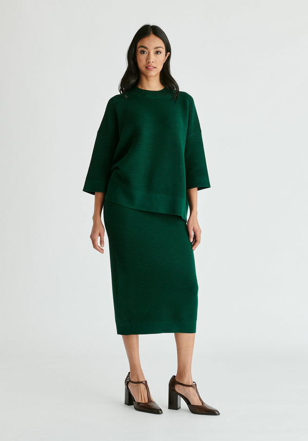 Mock Neck Cropped Sleeve Ribbed Jumper in Dark Green Front