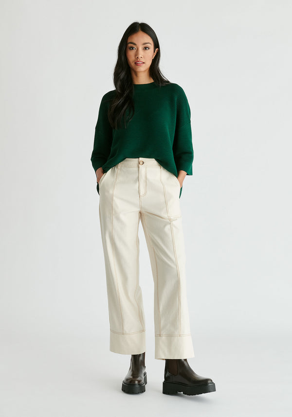 Mock Neck Cropped Sleeve Ribbed Jumper in Dark Green Front