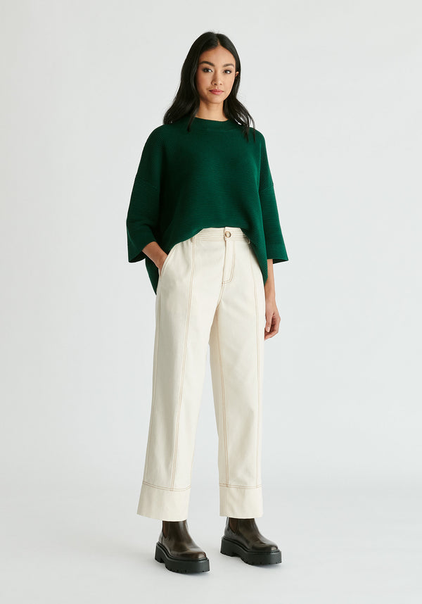 Mock Neck Cropped Sleeve Ribbed Jumper in Dark Green Front