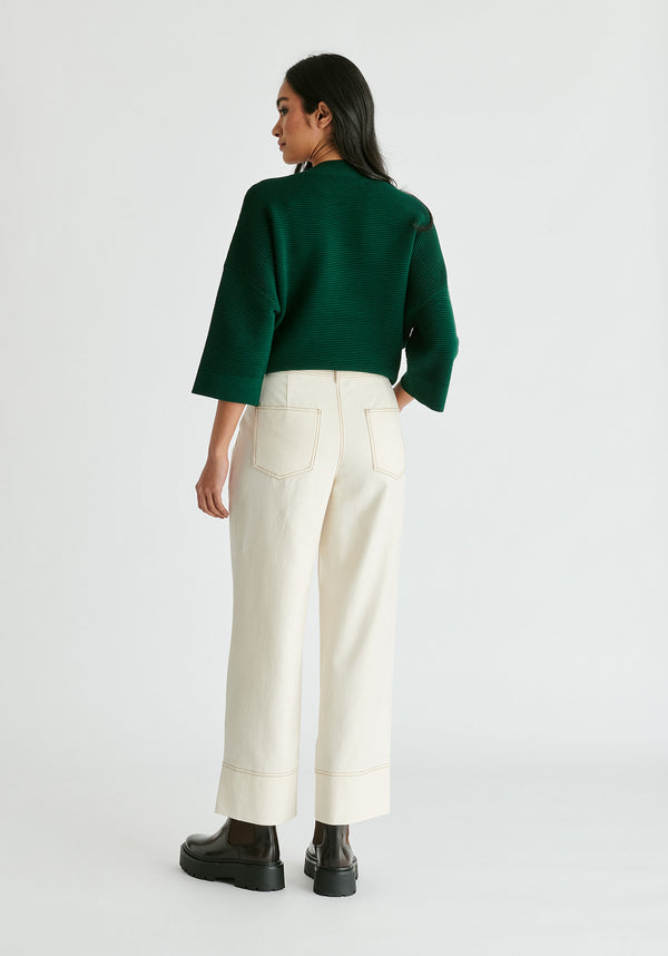Mock Neck Cropped Sleeve Ribbed Jumper in Dark Green Back