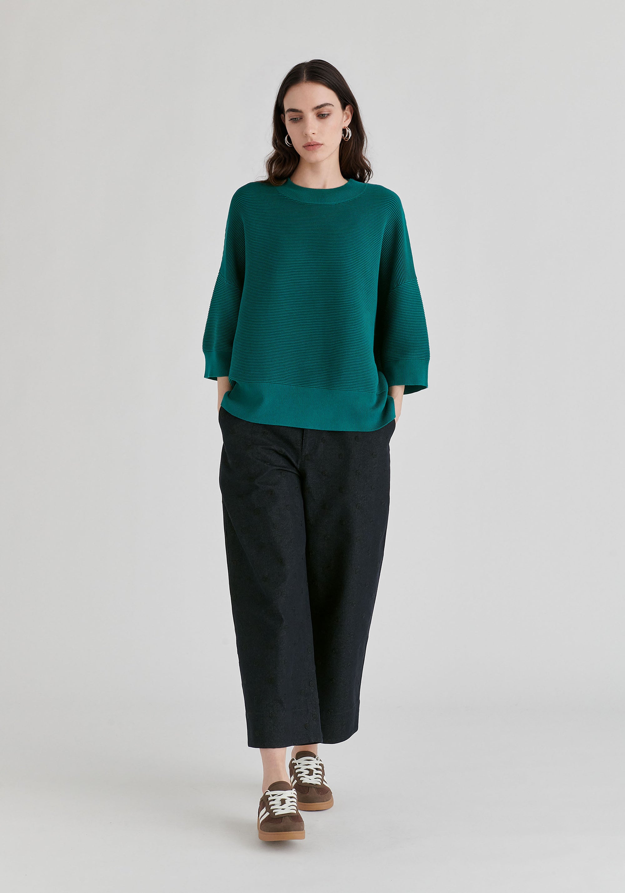 Mock Neck Cropped Sleeve Ribbed Jumper in Ocean Blue Front