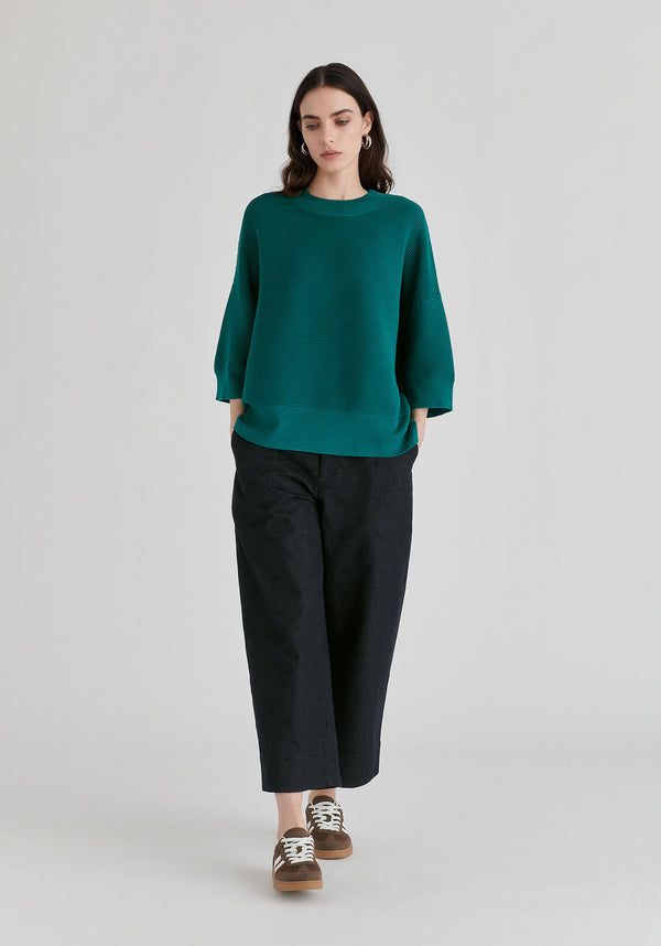 Mock Neck Cropped Sleeve Ribbed Jumper in Ocean Blue Front