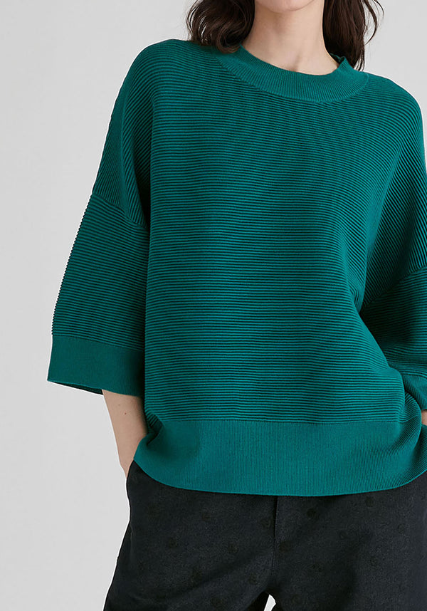 Mock Neck Cropped Sleeve Ribbed Jumper in Ocean Blue Closeup