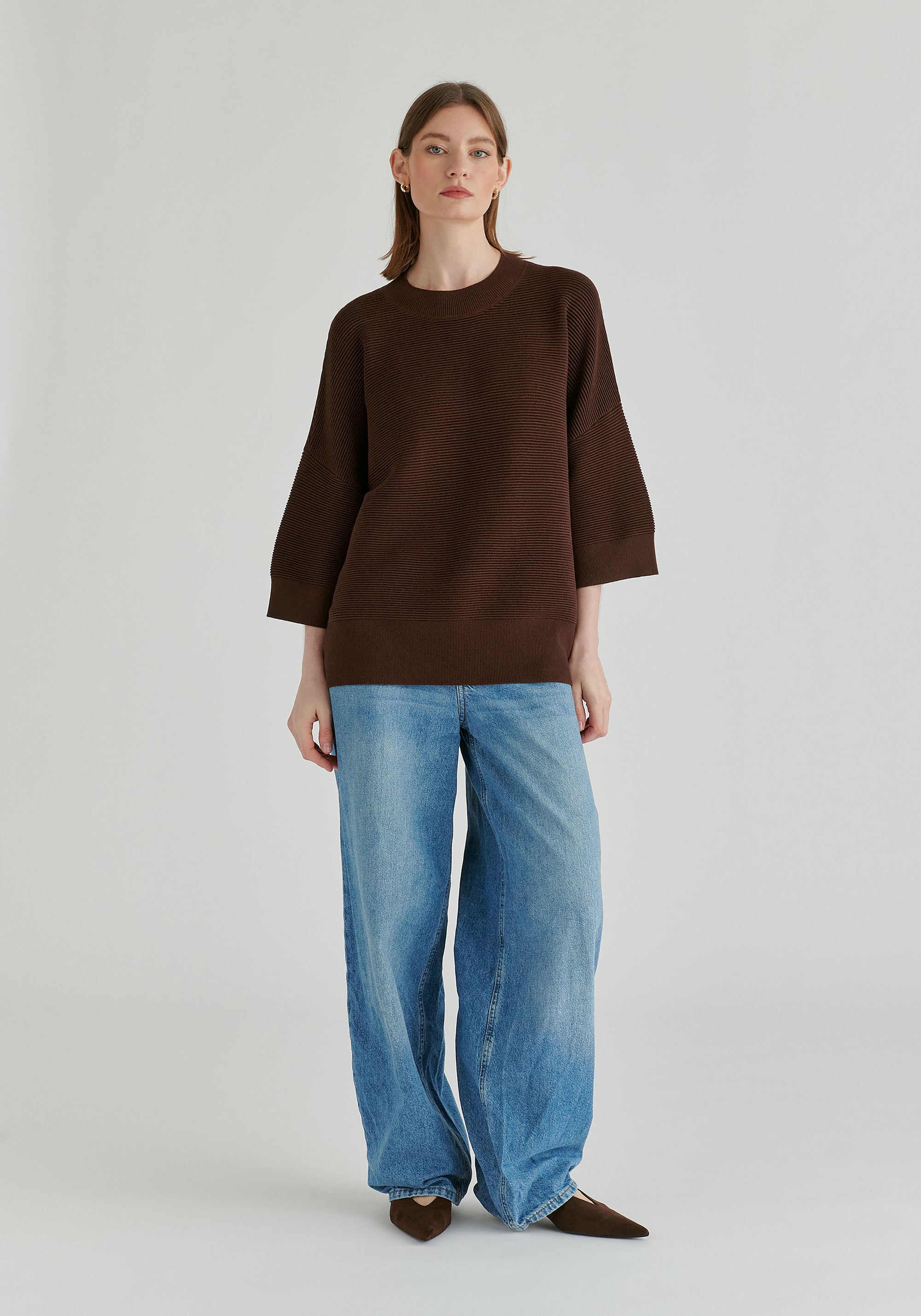 Mock Neck Cropped Sleeve Ribbed Jumper