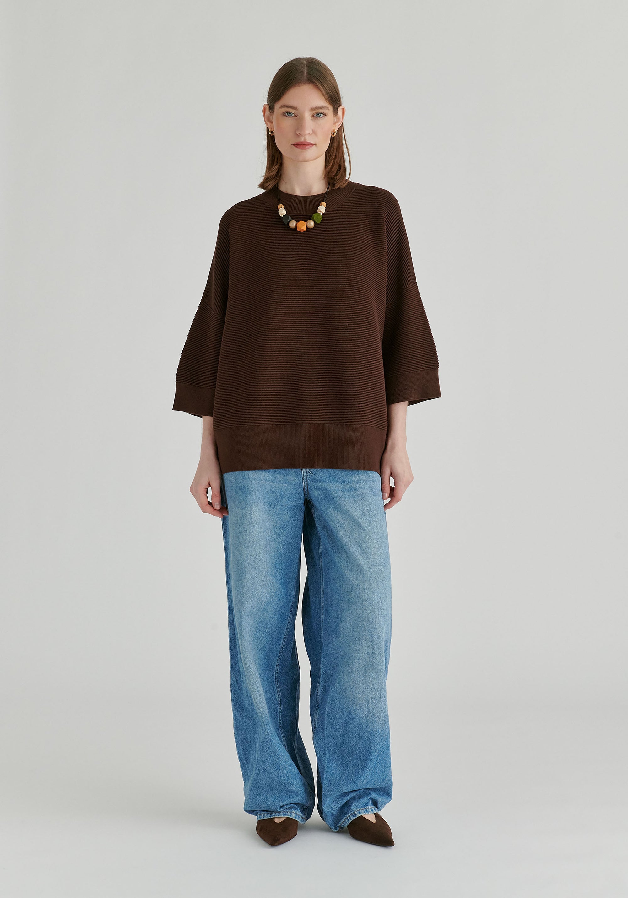 Mock Neck Cropped Sleeve Ribbed Jumper