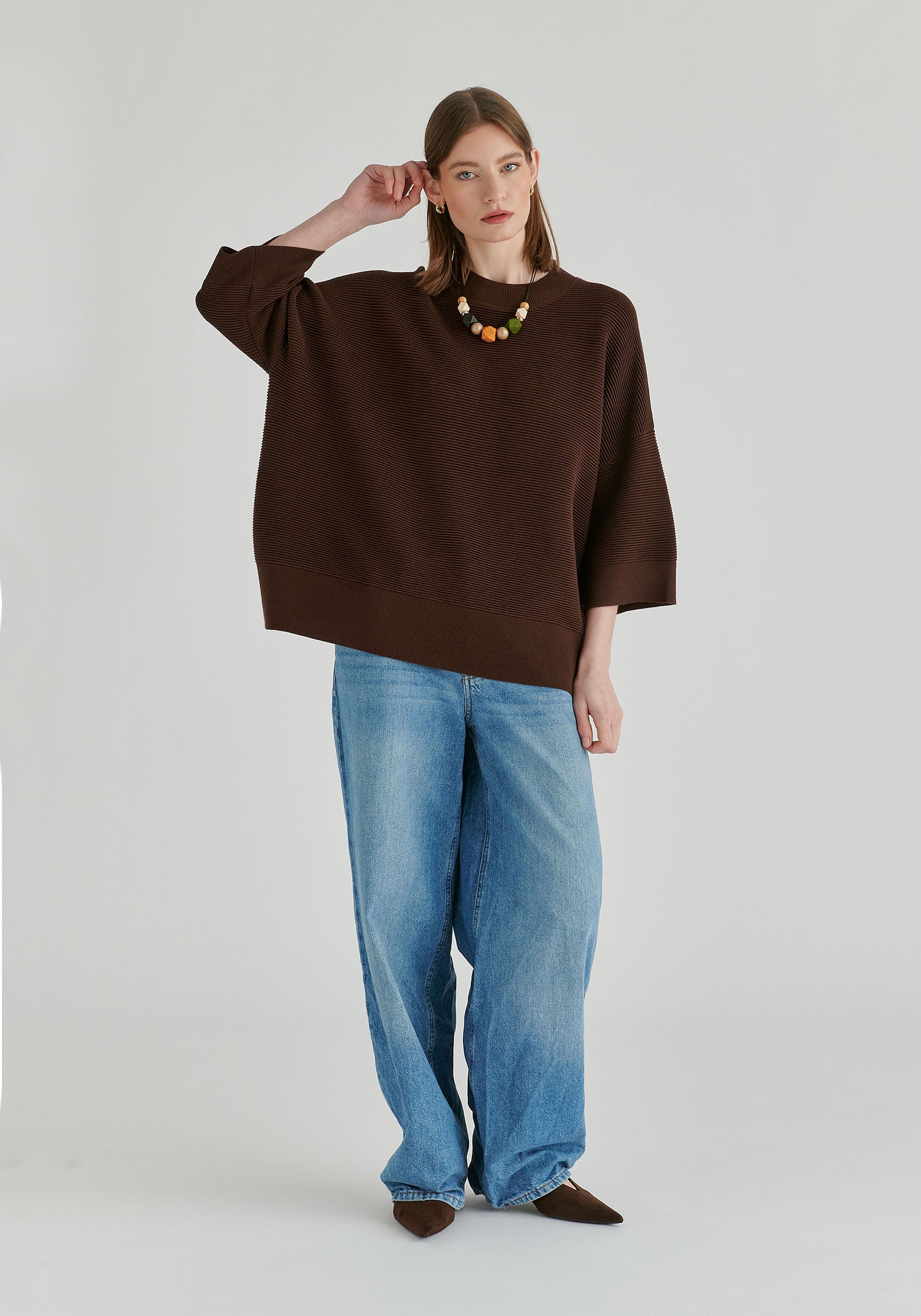 Mock Neck Cropped Sleeve Ribbed Jumper