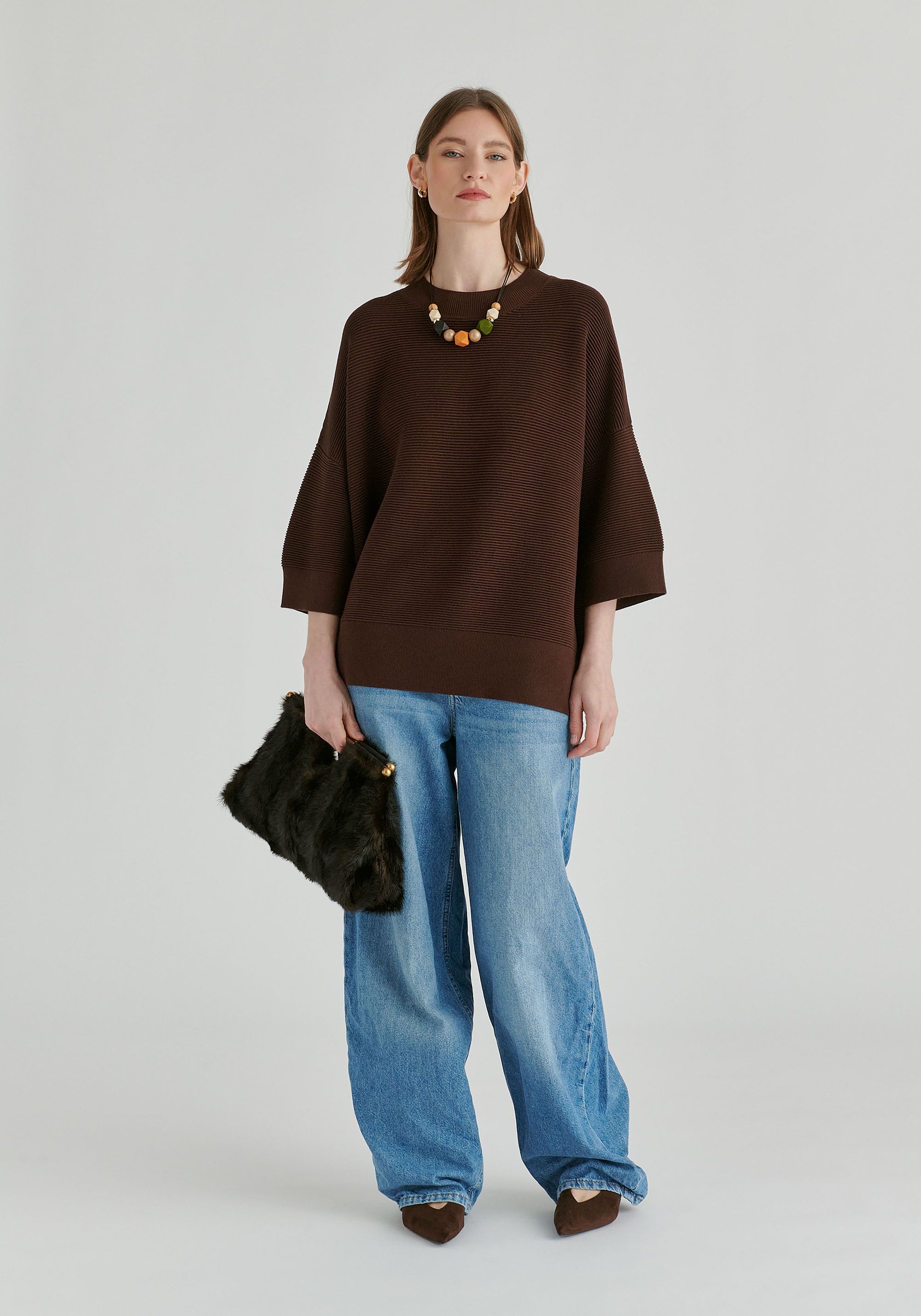 Mock Neck Cropped Sleeve Ribbed Jumper