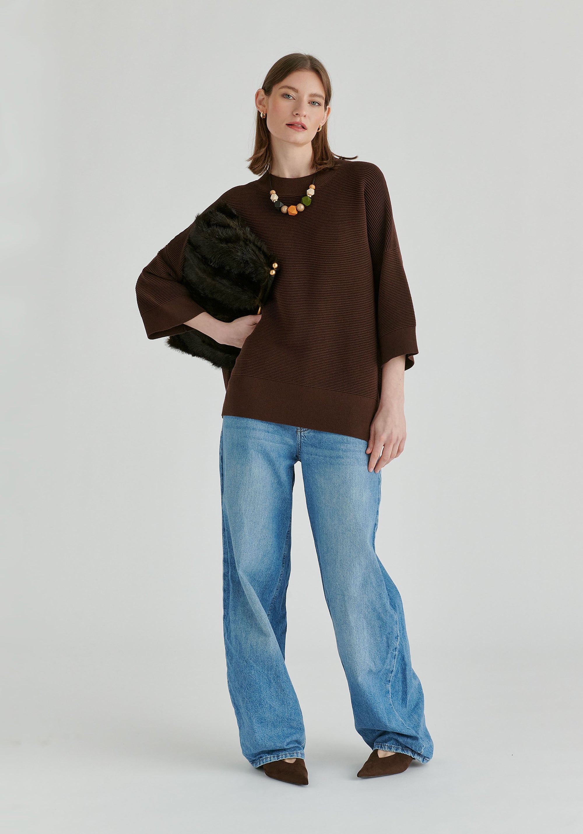 Mock Neck Cropped Sleeve Ribbed Jumper