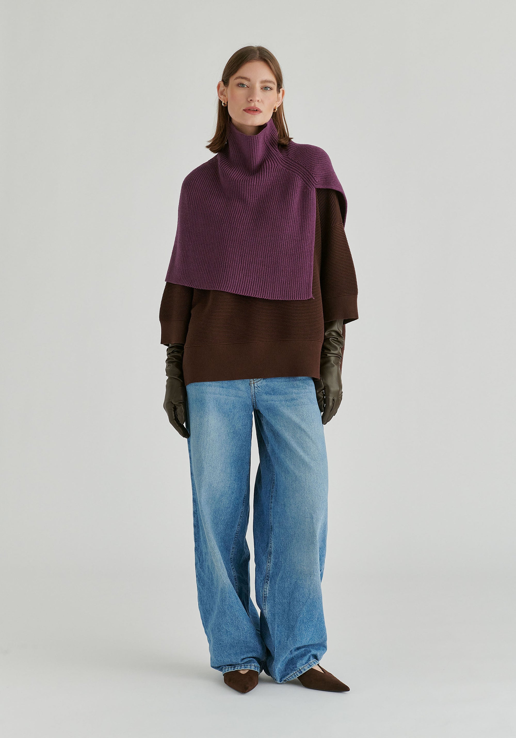 Mock Neck Cropped Sleeve Ribbed Jumper