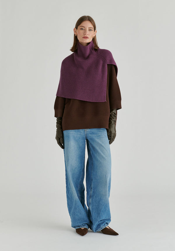 Mock Neck Cropped Sleeve Ribbed Jumper in Brown Front