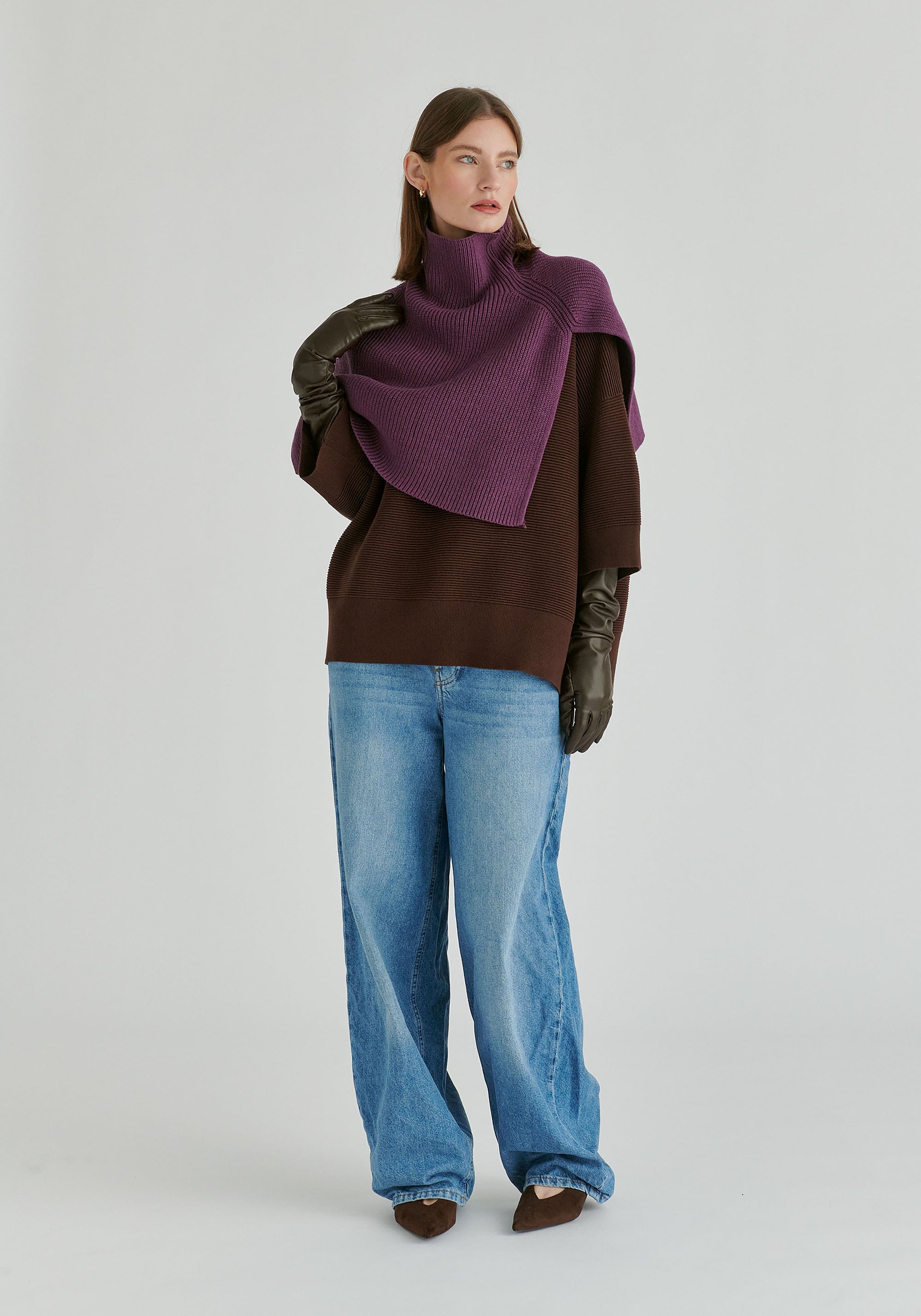 Mock Neck Cropped Sleeve Ribbed Jumper