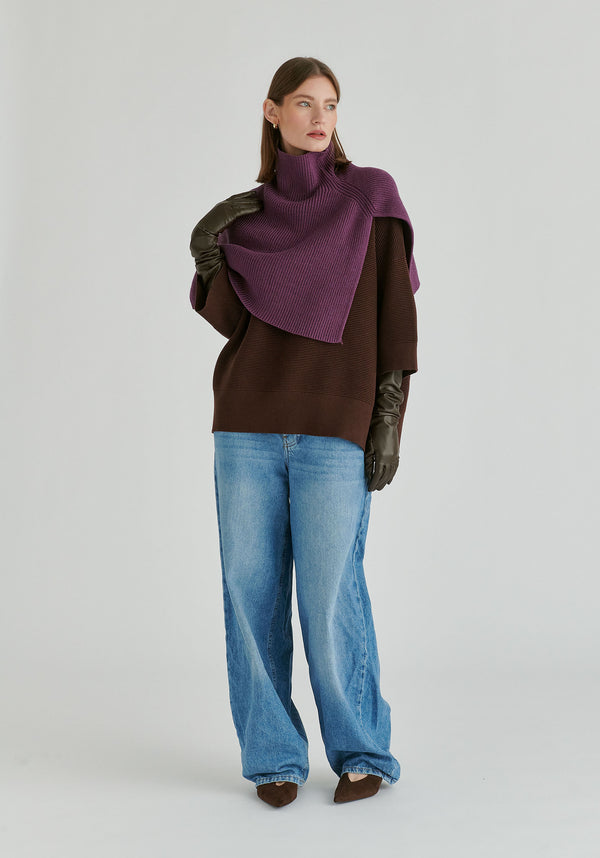 Mock Neck Cropped Sleeve Ribbed Jumper in Brown Front