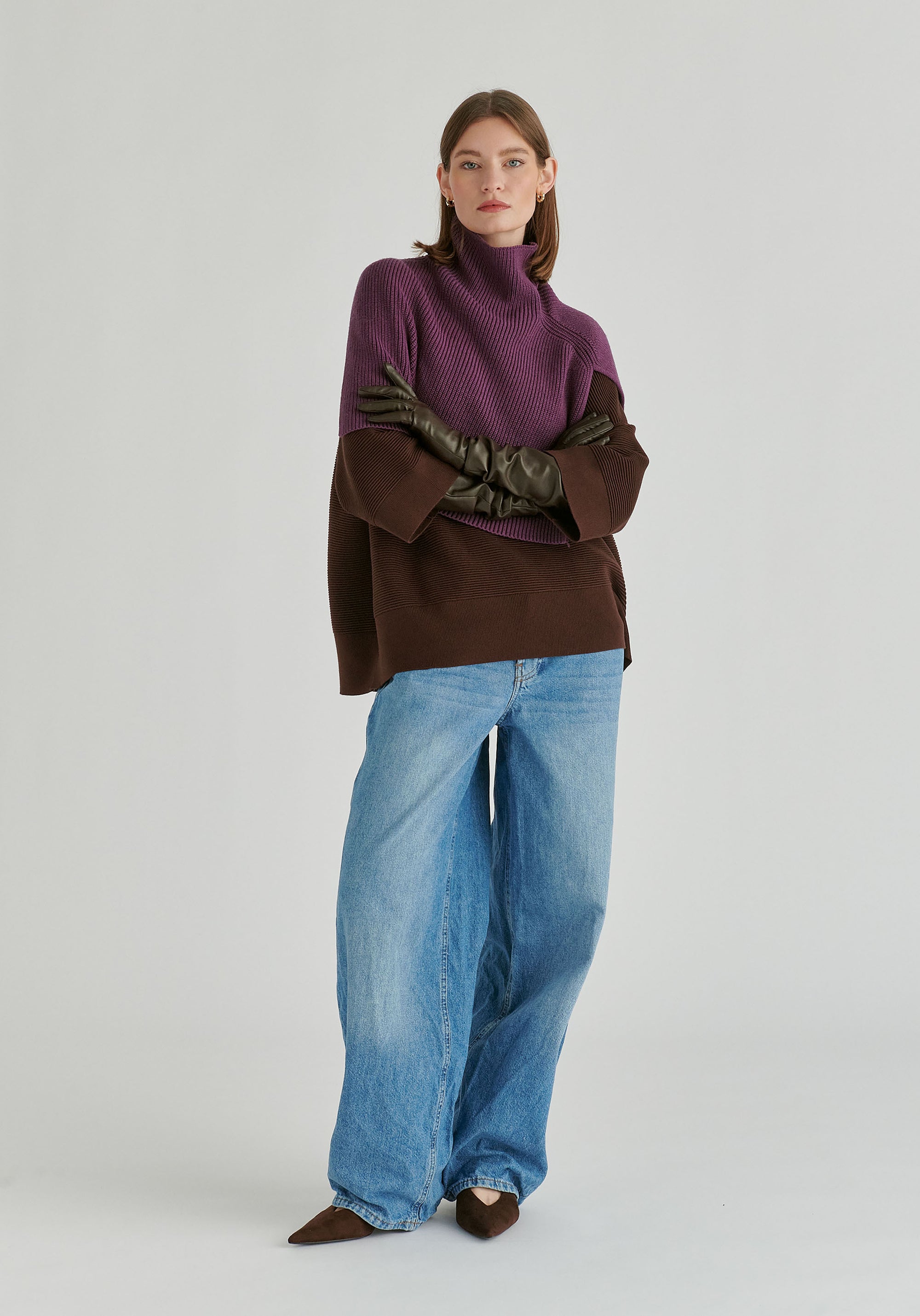 Mock Neck Cropped Sleeve Ribbed Jumper