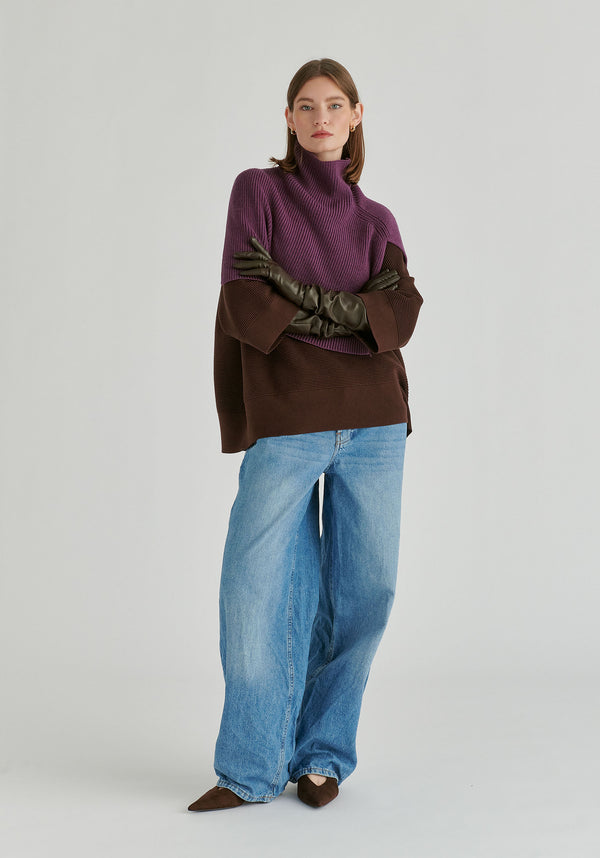 Mock Neck Cropped Sleeve Ribbed Jumper in Brown Front