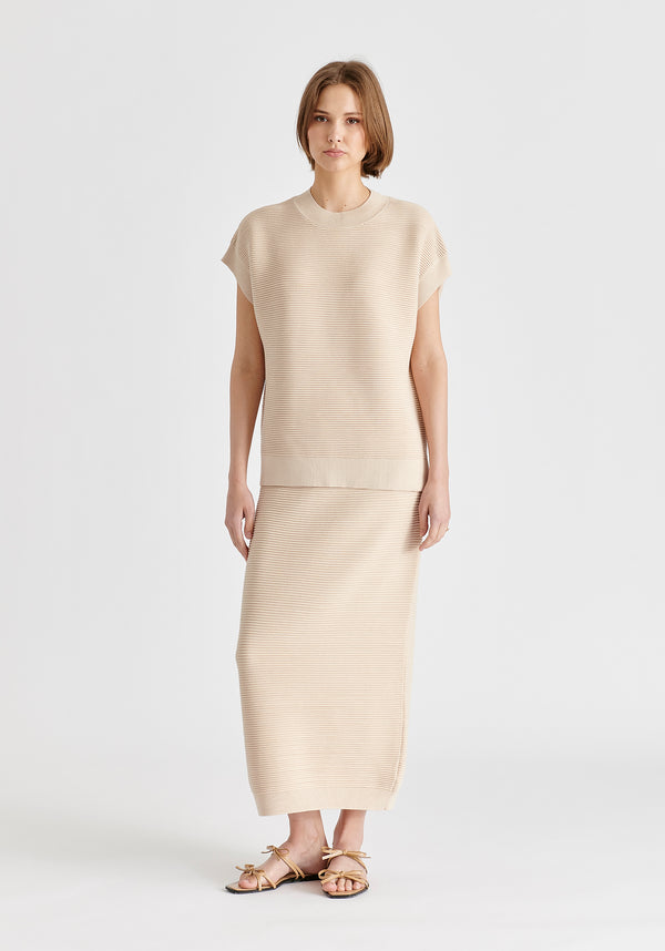 Mock Neck Sleeveless Ribbed Jumper In Beige