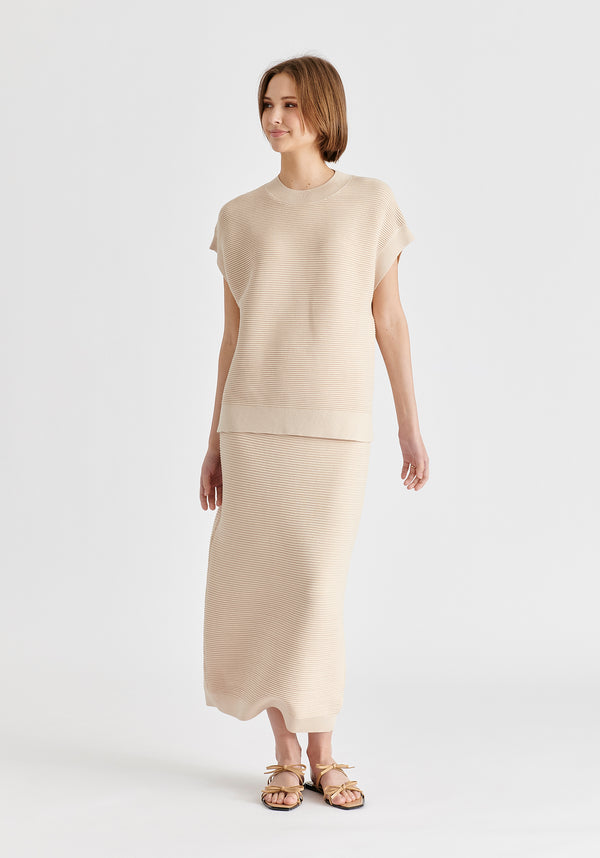 Mock Neck Sleeveless Ribbed Jumper In Beige Front