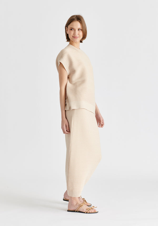 Mock Neck Sleeveless Ribbed Jumper In Beige Side