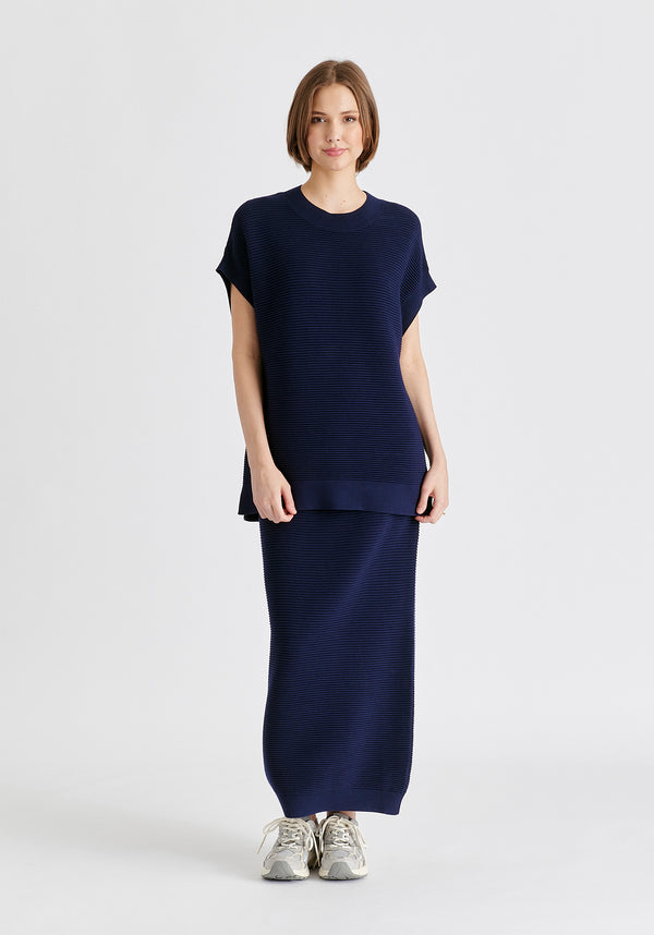 Mock Neck Sleeveless Ribbed Jumper In Navy