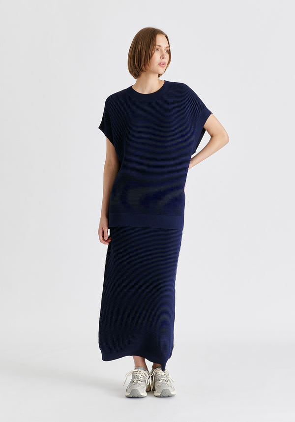 Mock Neck Sleeveless Ribbed Jumper In Navy Front