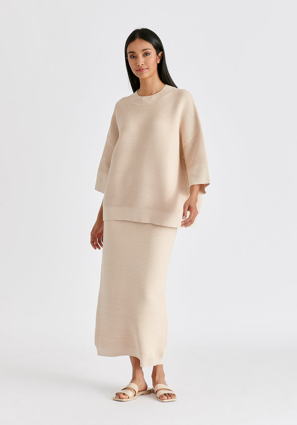 Ribbed Midi Skirt In Beige Front