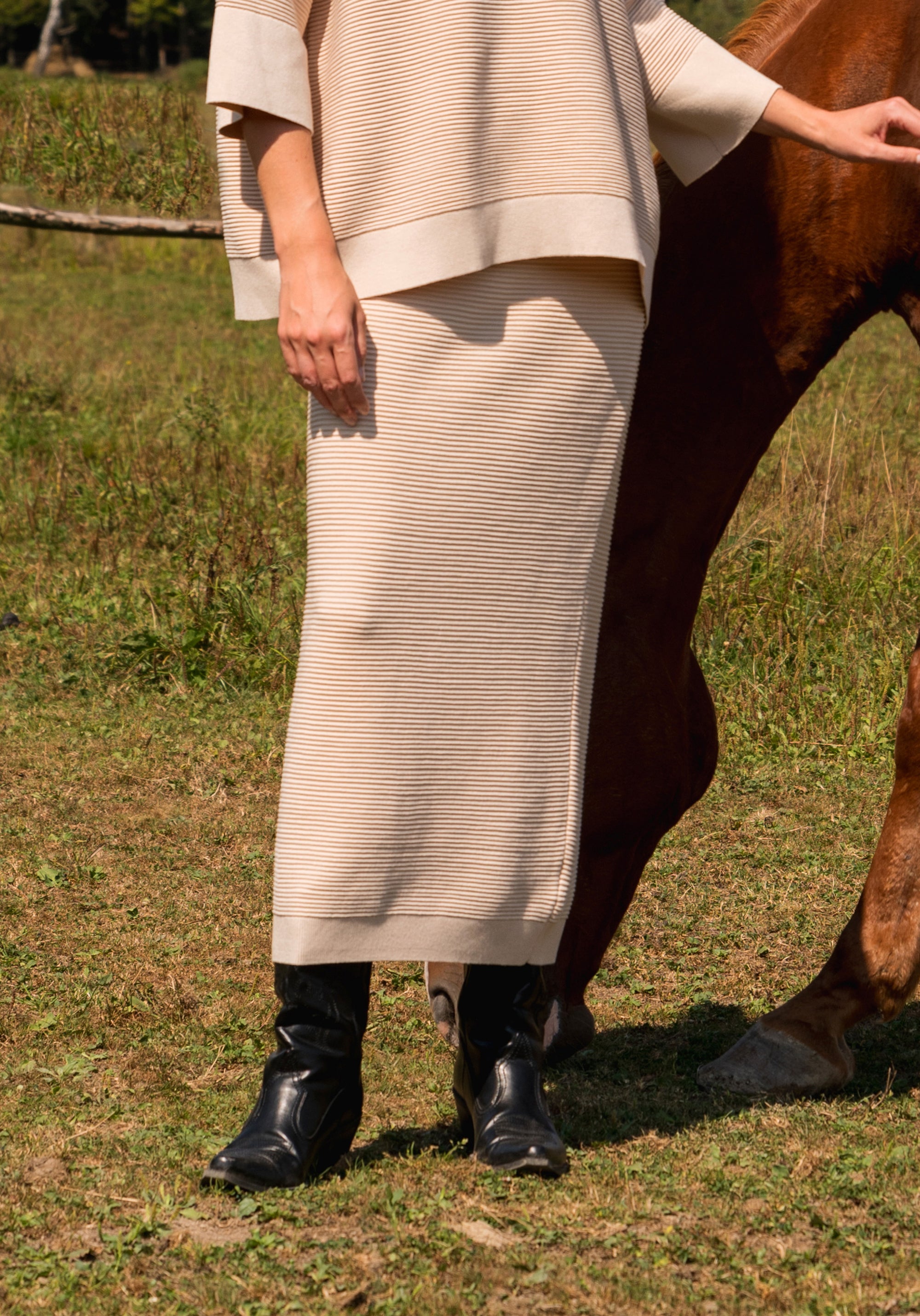 Ribbed Midi Skirt in Beige