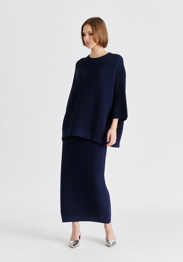 Ribbed Midi Skirt In Navy Side