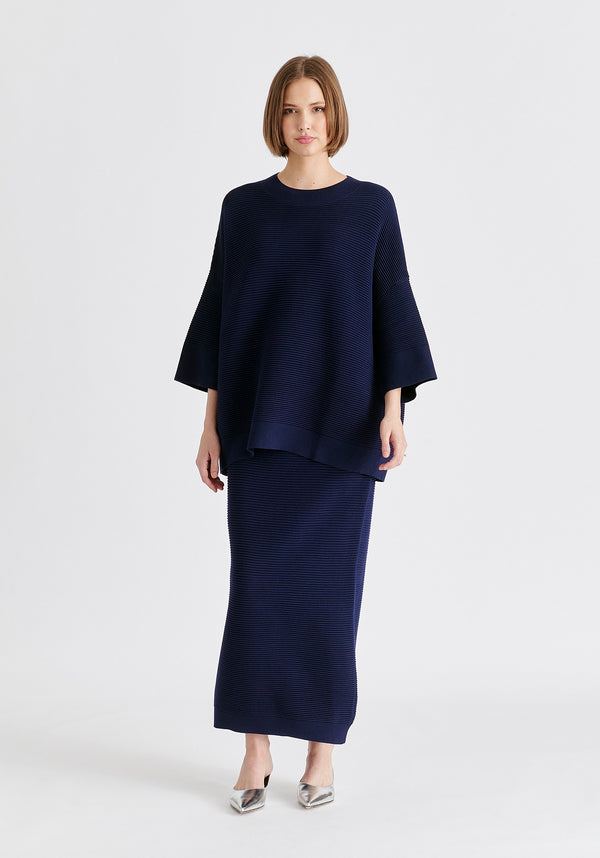 Ribbed Midi Skirt In Navy Front