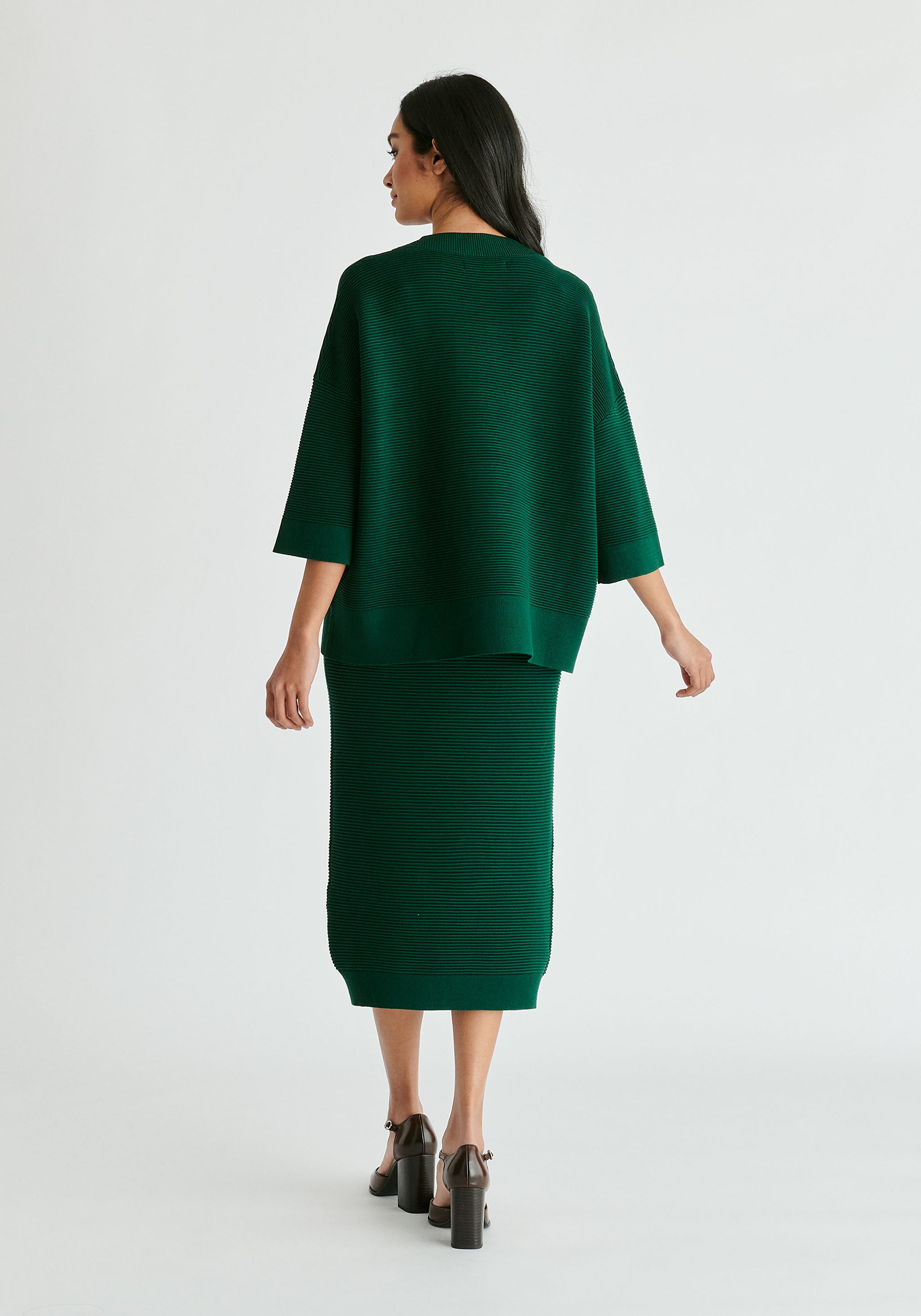 Ribbed Midi Skirt in Dark Green Back