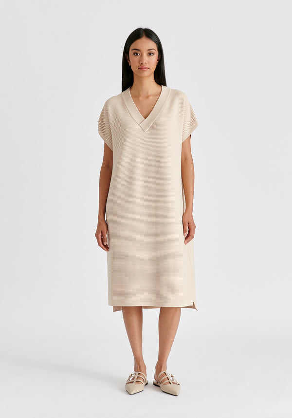 V-Neck Sleeveless Ribbed Jumper Dress In Beige